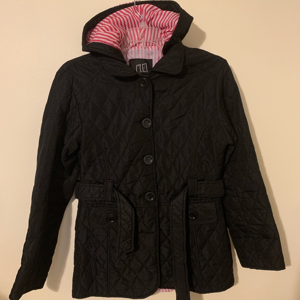Quilted Button Up Belted Hooded Urban‎ Diva Jacket Women's Sz L Black